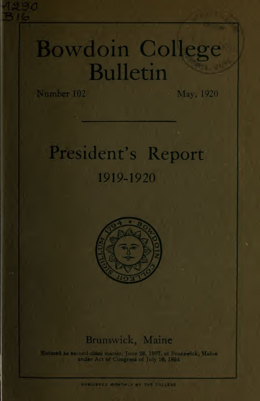 Miniature of Report of the President, Bowdoin College 1919-1920