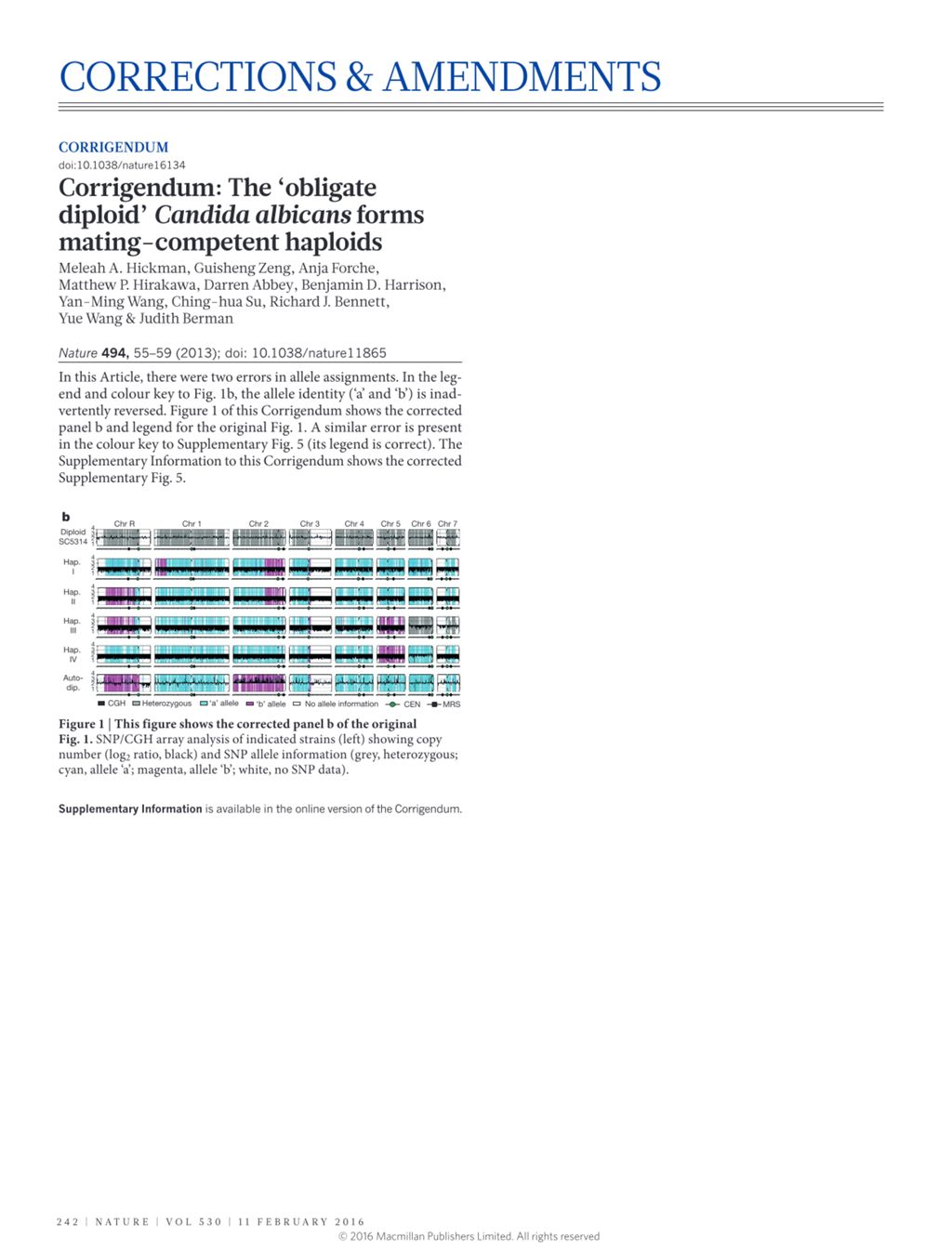 Miniature of Erratum: The 'obligate diploid' Candida albicans forms mating-competent haploids (Nature (2013) 494 (55-59) DOI: 10.1038/nature11865)