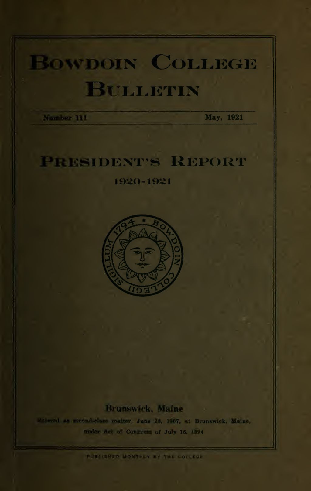 Miniature of Report of the President, Bowdoin College 1920-1921