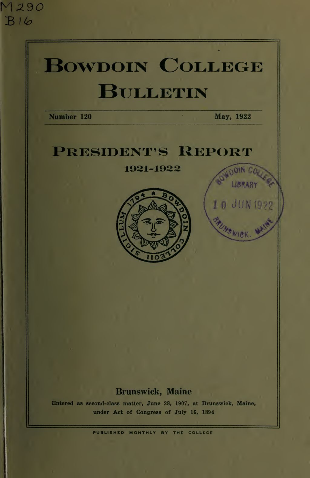 Miniature of Report of the President, Bowdoin College 1921-1922