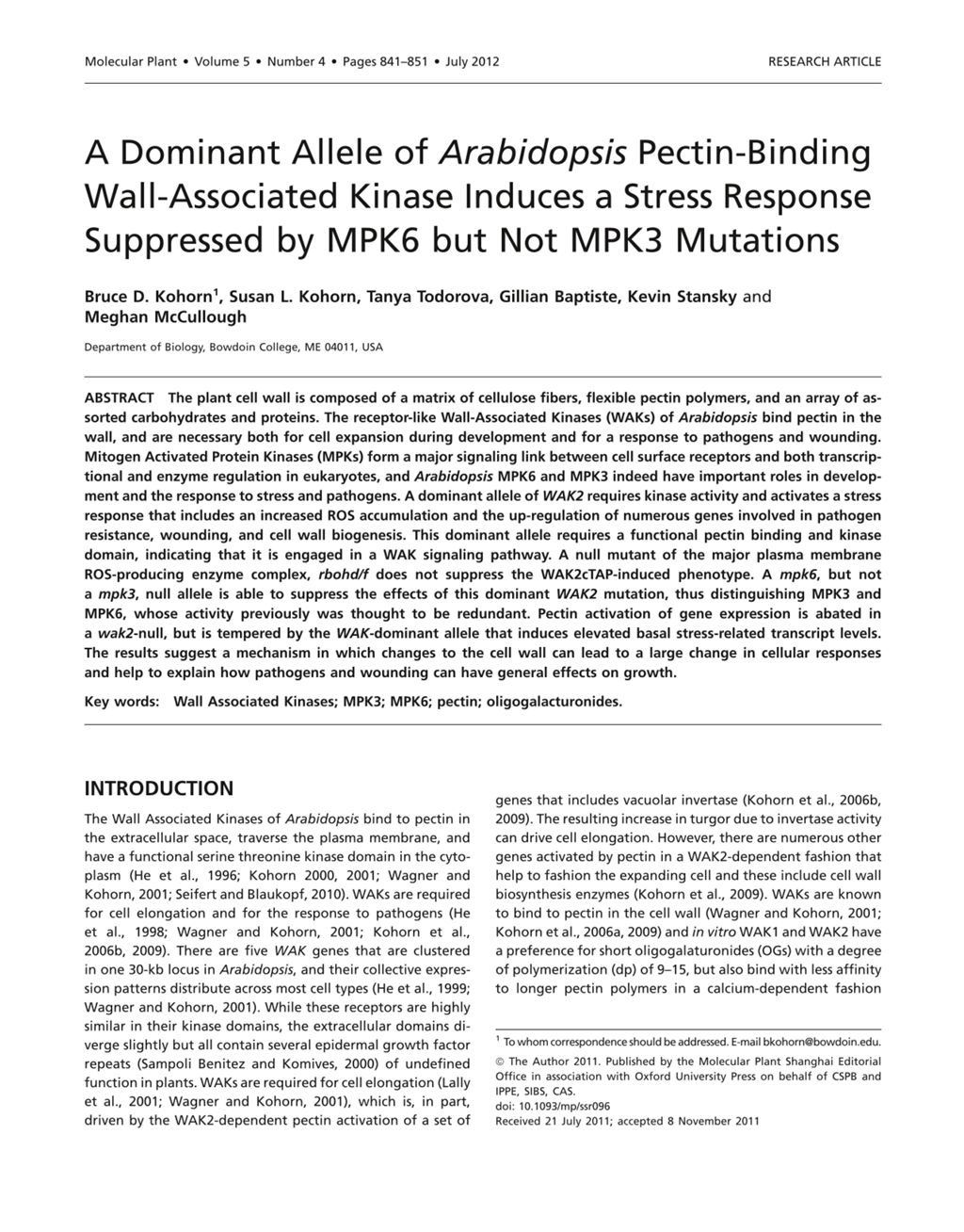 Miniature of A dominant allele of arabidopsis pectin-binding wall-associated kinase induces a stress response suppressed by MPK6 but not MPK3 mutations