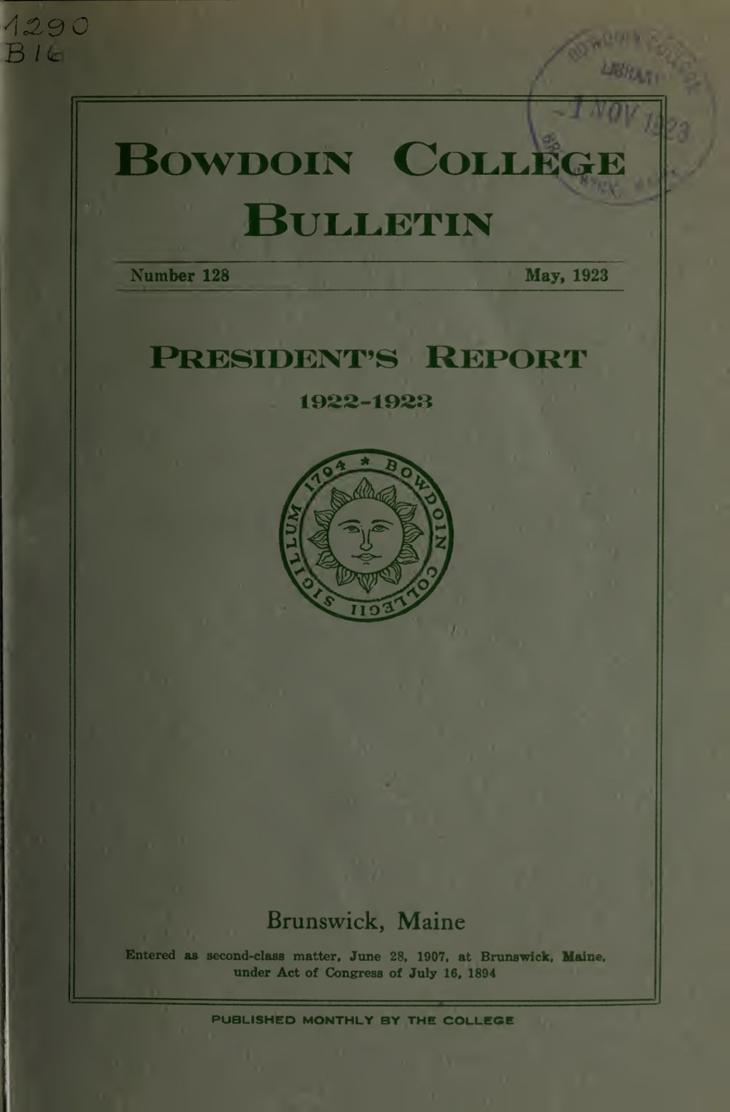 Miniature of Report of the President, Bowdoin College 1922-1923