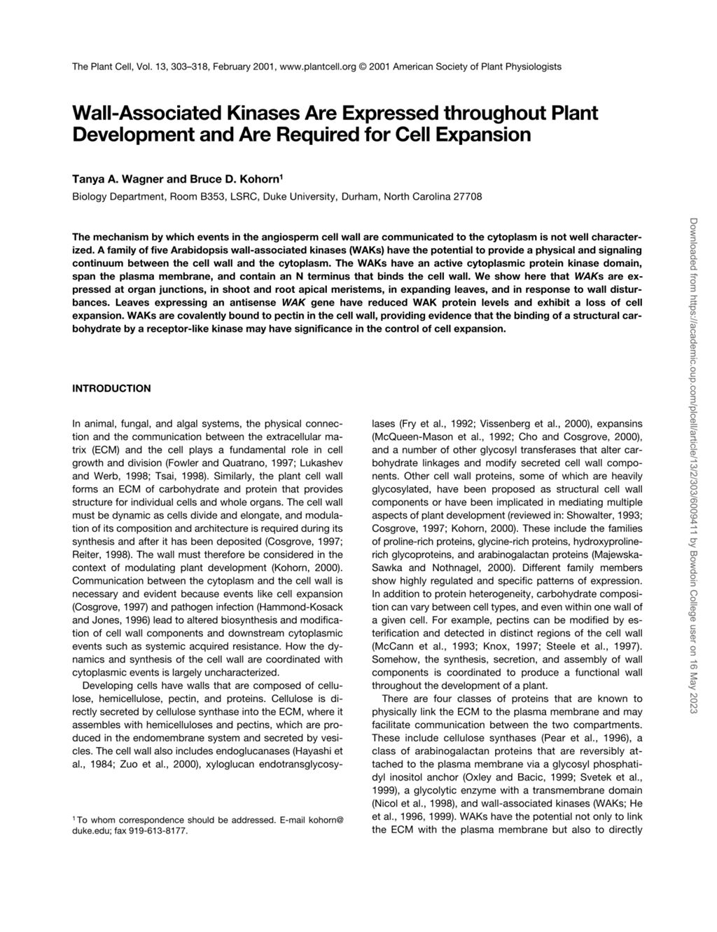 Miniature of Wall-associated kinases are expressed throughout plant development and are required for cell expansion