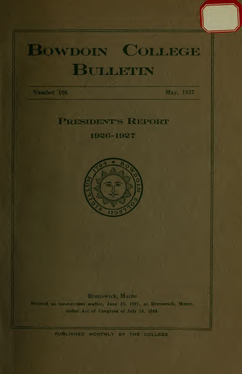 Miniature of Report of the President, Bowdoin College 1926-1927