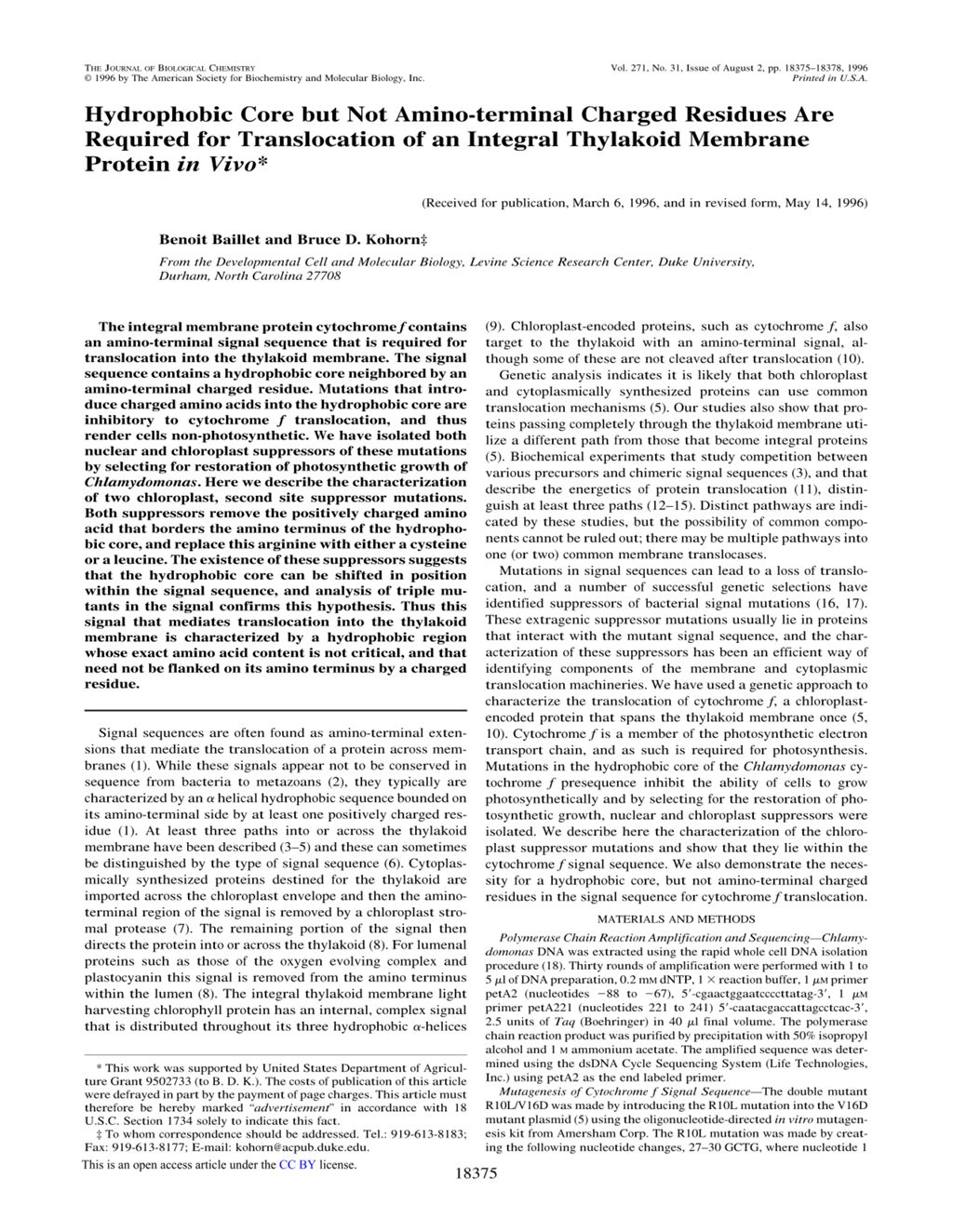 Miniature of Hydrophobic core but not amino-terminal charged residues are required for translocation of an integral thylakoid membrane protein in vivo