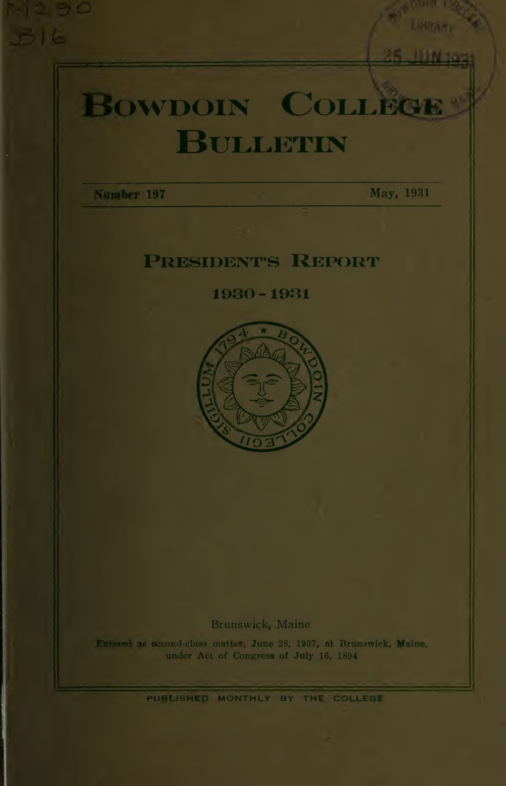 Miniature of Report of the President, Bowdoin College 1930-1931