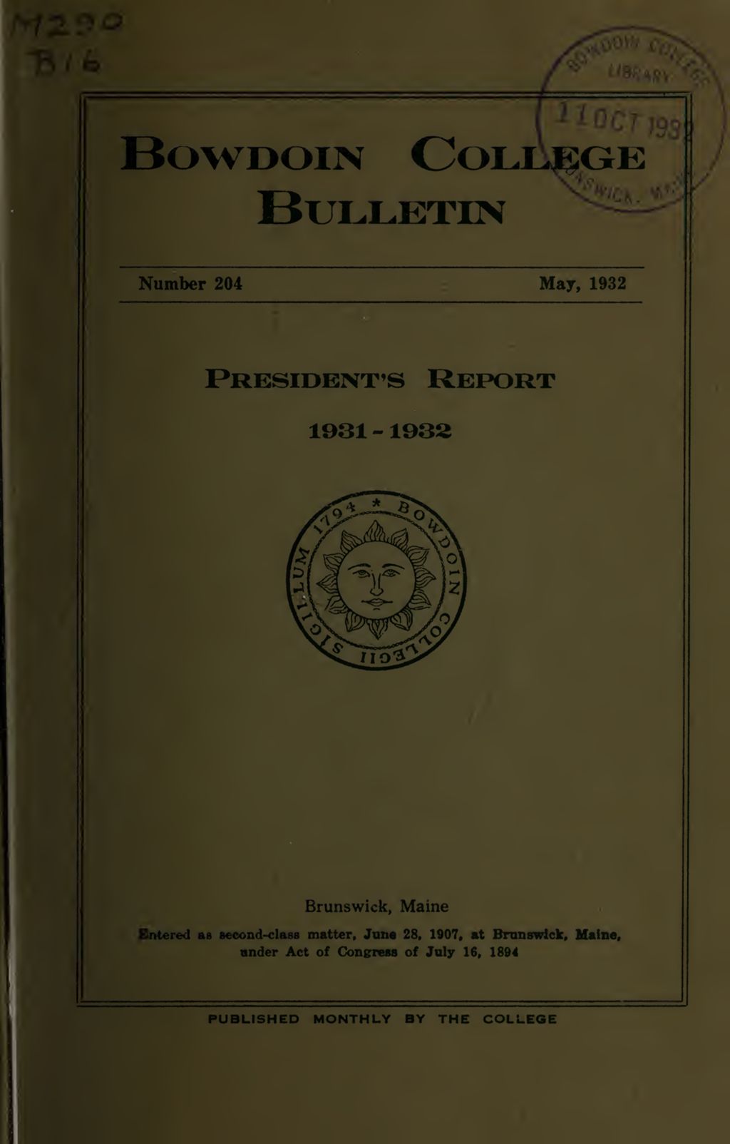 Miniature of Report of the President, Bowdoin College 1931-1932