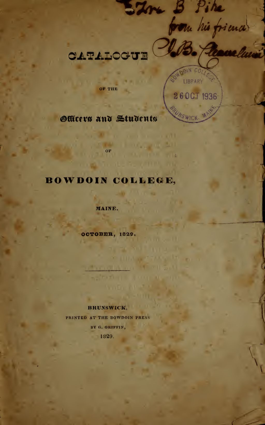 Miniature of Bowdoin College Catalogue (1829 Oct)