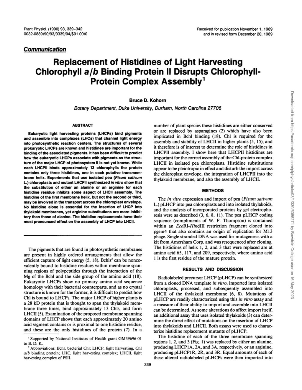 Miniature of Replacement of histidines of light harvesting chlorophyll a/b binding protein II disrupts chlorophyll-Protein complex assembly