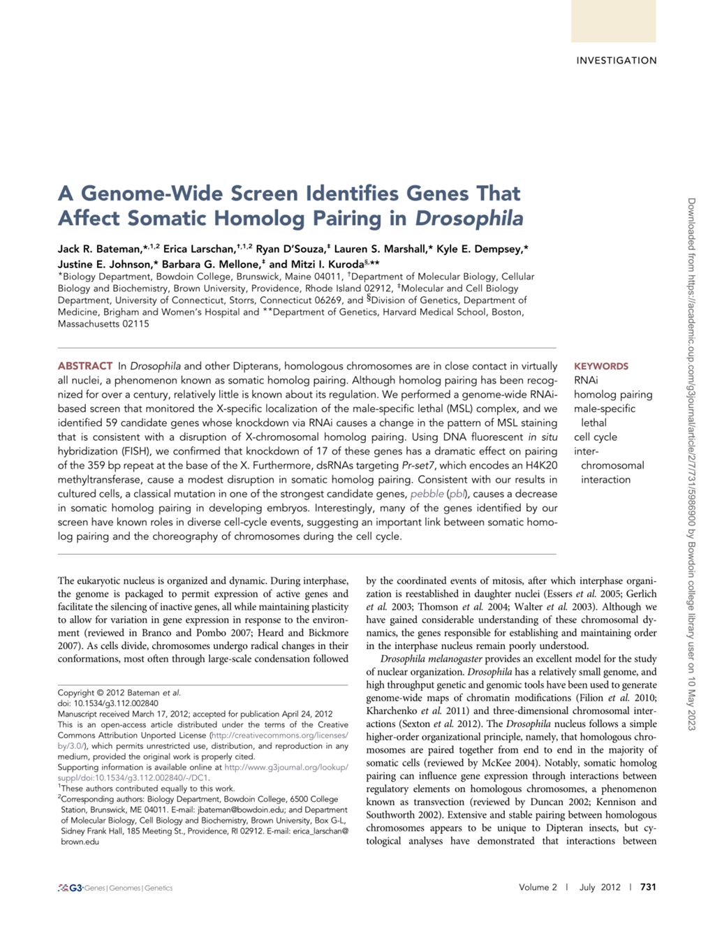 Miniature of A genome-wide screen identifies genes that affect somatic homolog pairing in drosophila