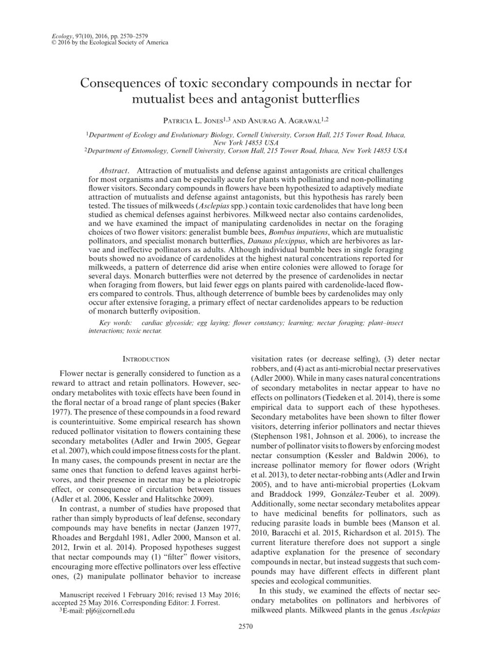 Miniature of Consequences of toxic secondary compounds in nectar for mutualist bees and antagonist butterflies