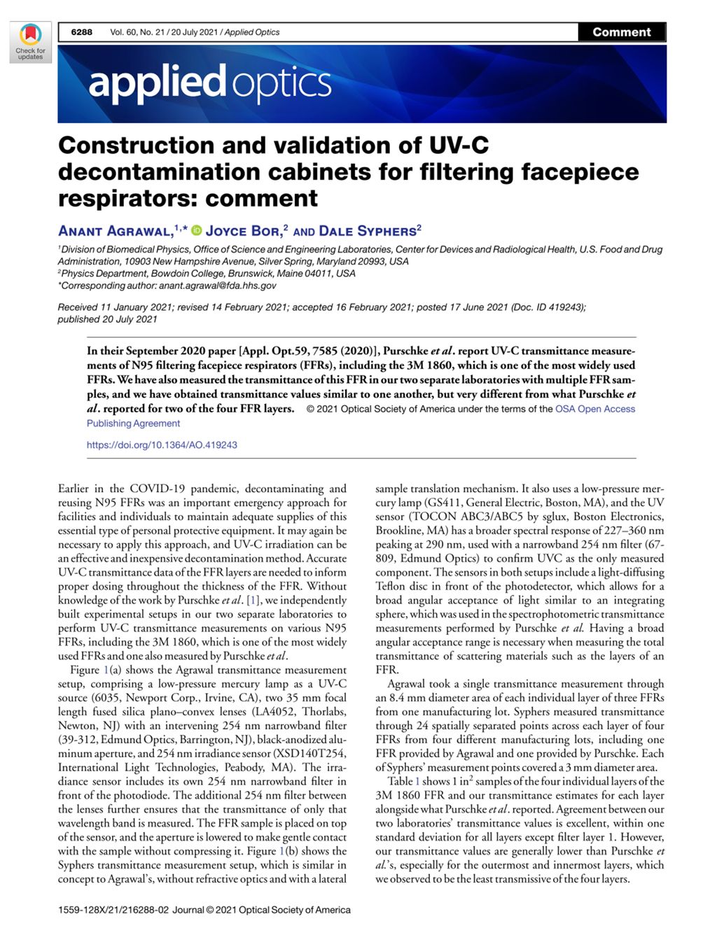 Miniature of Construction and validation of UV-C decontamination cabinets for filtering facepiece respirators: Comment