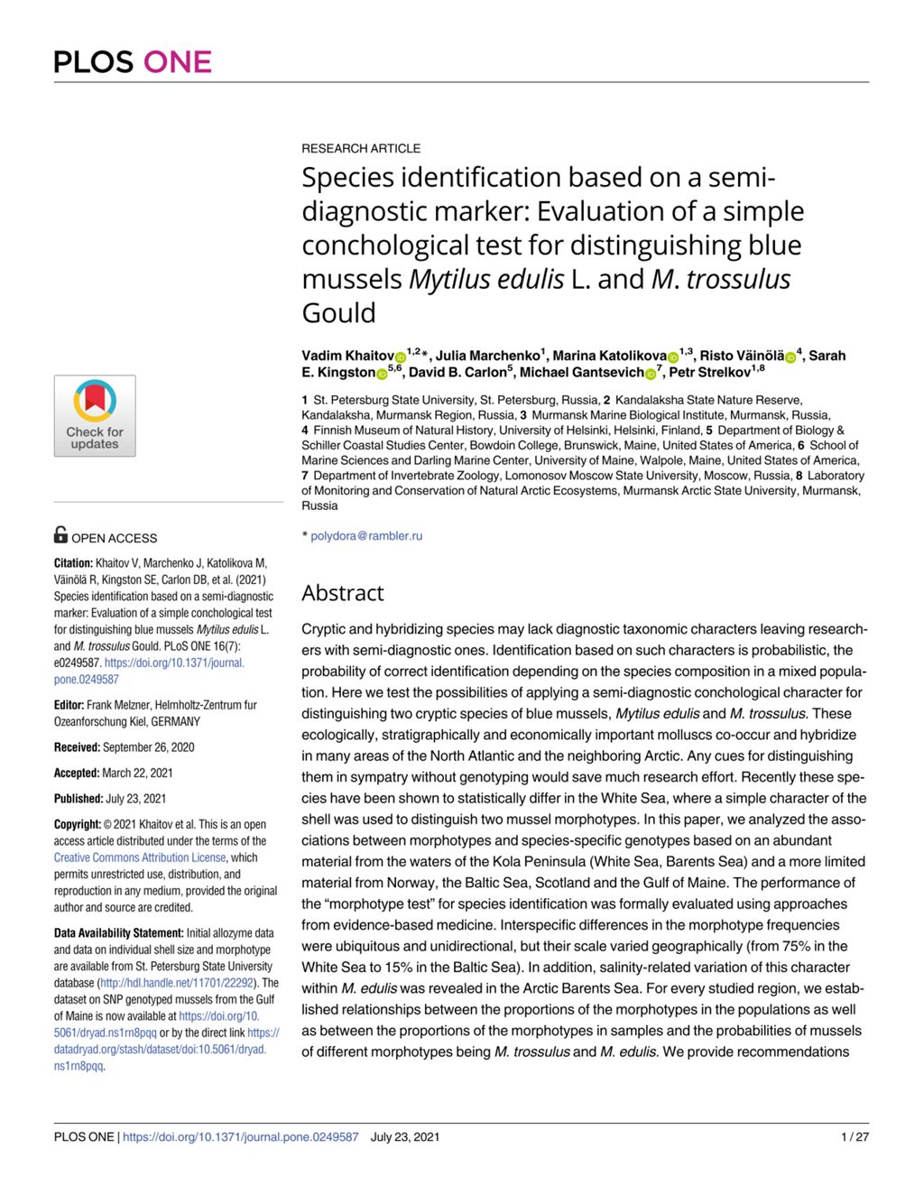 Miniature of Species identification based on a semi-diagnostic marker: Evaluation of a simple conchological test for distinguishing blue mussels Mytilus edulis L. And M. trossulus Gould