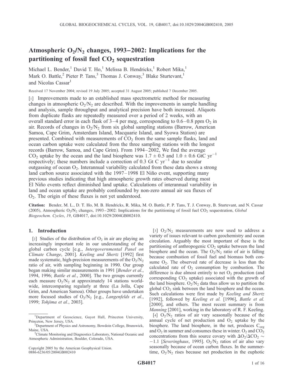 Miniature of Atmospheric O2/N2 changes, 1993-2002: Implications for the partitioning of fossil fuel CO2 sequestration