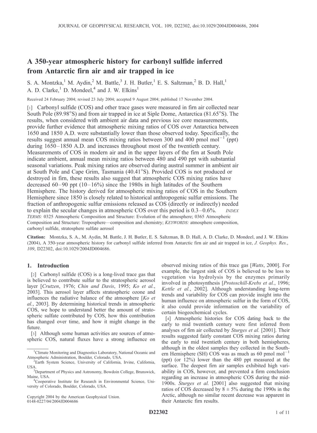 Miniature of A 350-year atmospheric history for carbonyl sulfide inferred from Antarctic firn air and air trapped in ice