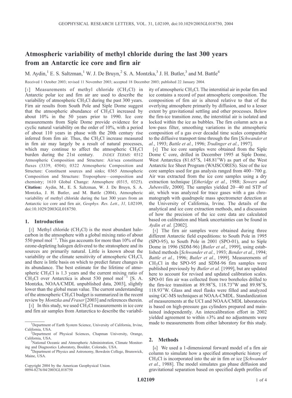 Miniature of Atmospheric variability of methyl chloride during the last 300 years from an Antarctic ice core and firn air