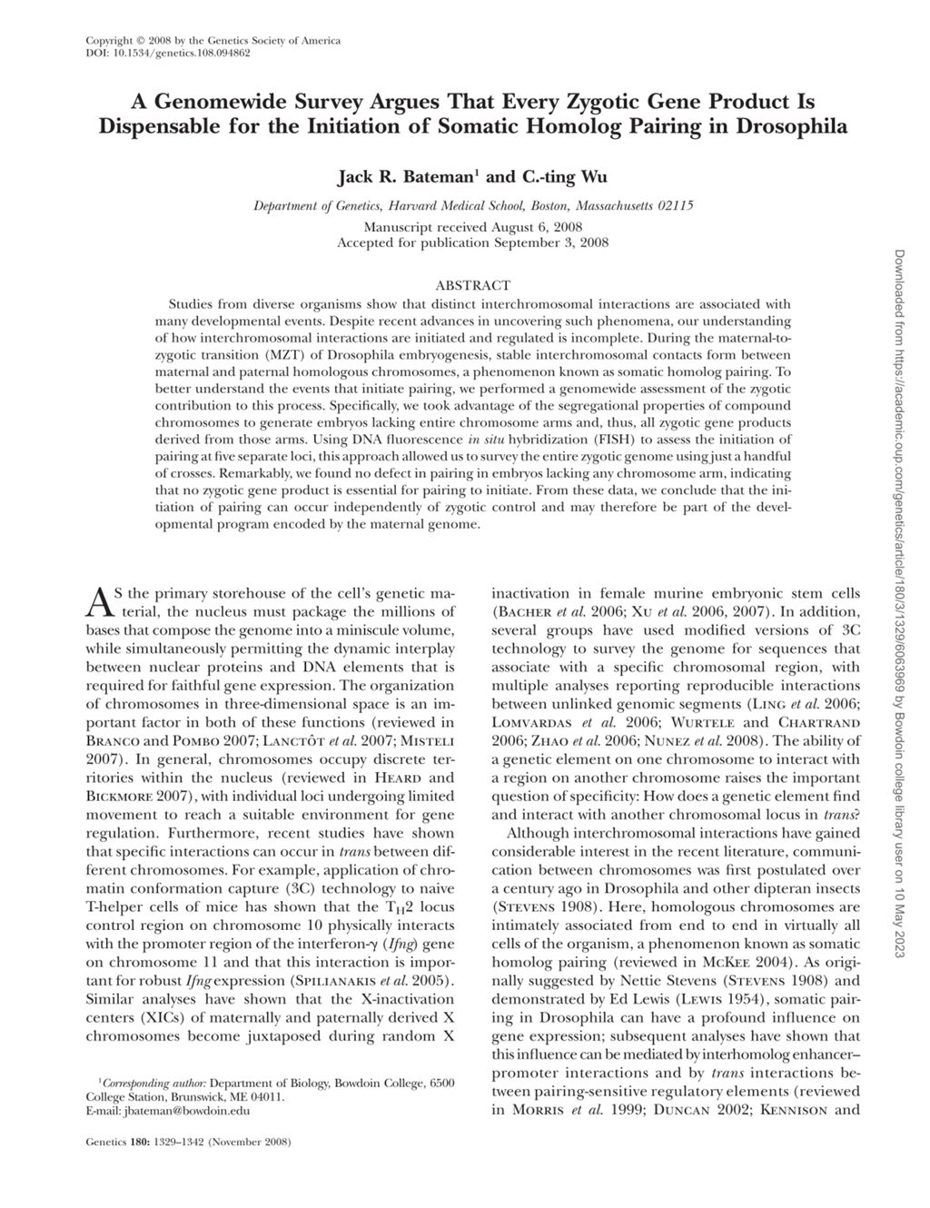 Miniature of A genomewide survey argues that every zygotic gene product is dispensable for the initiation of somatic homolog pairing in Drosophila