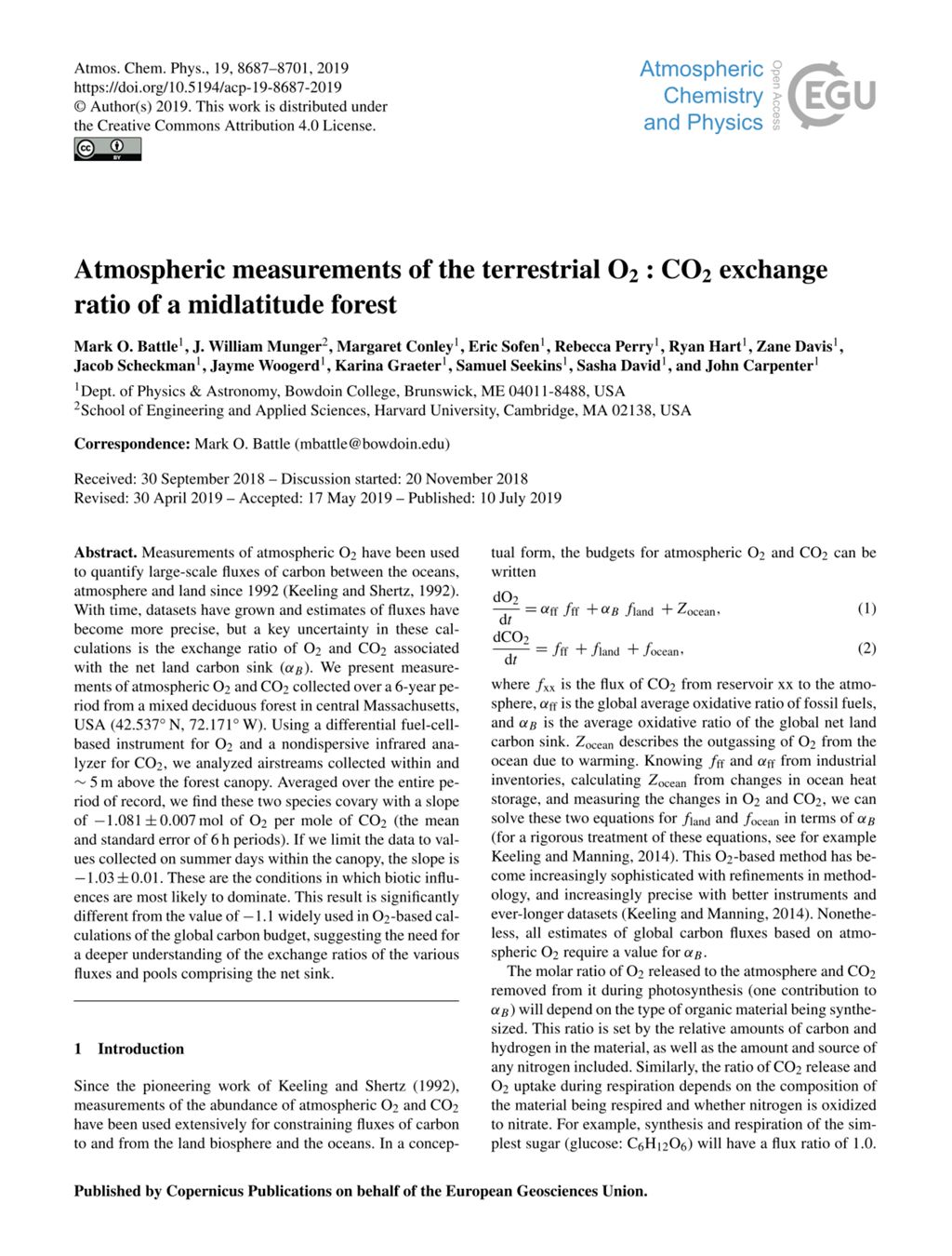 Miniature of Atmospheric measurements of the terrestrial O2 : CO2 exchange ratio of a midlatitude forest