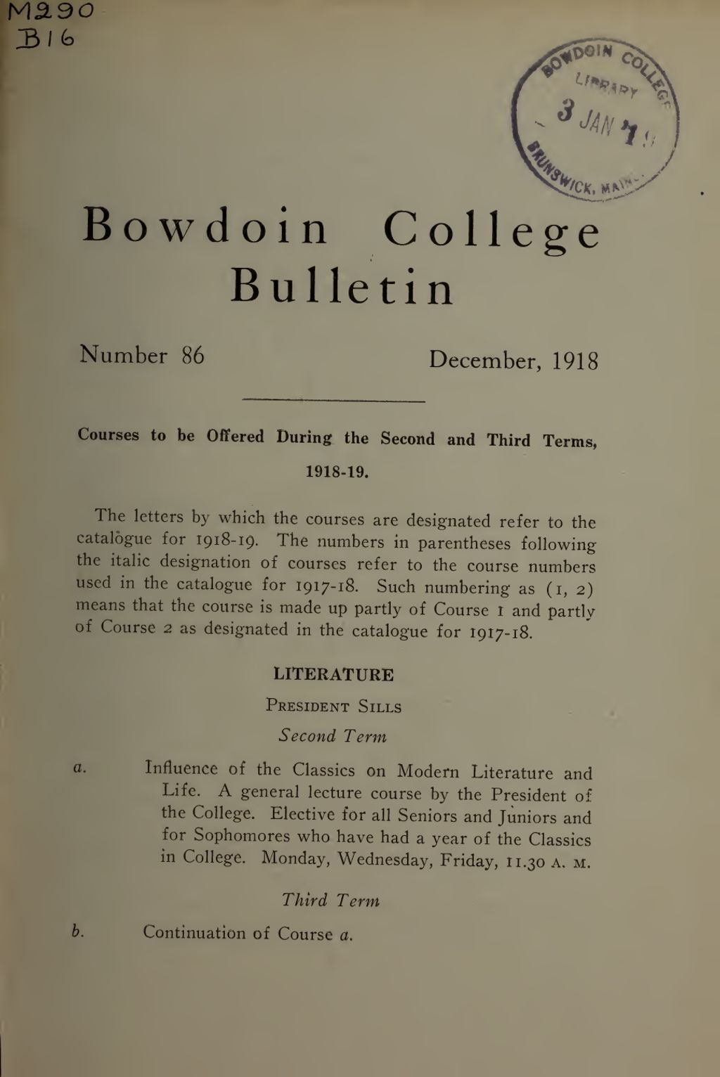 Miniature of Bowdoin College Catalogue (1918-1919, 2nd and 3rd terms)