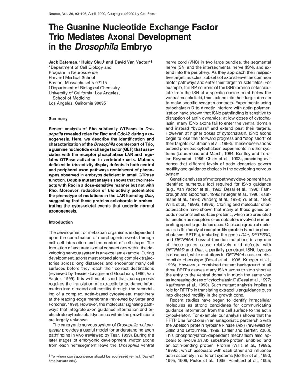 Miniature of The guanine nucleotide exchange factor trio mediates axonal development in the Drosophila embryo