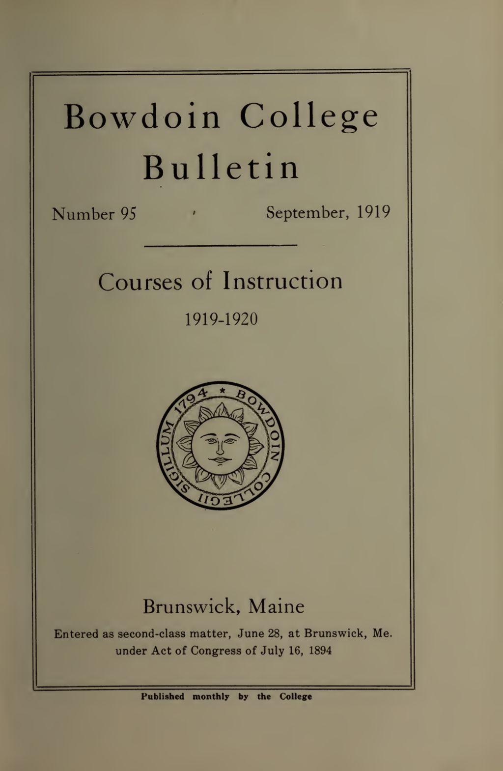 Miniature of Bowdoin College Catalogue (1919-1920)