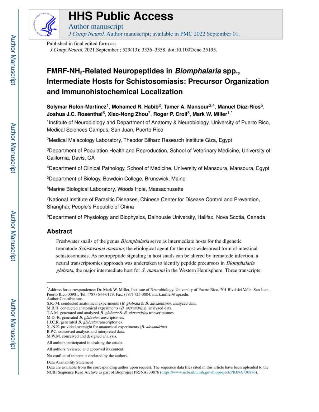 Miniature of FMRF-NH2-related neuropeptides in Biomphalaria spp., intermediate hosts for schistosomiasis: Precursor organization and immunohistochemical localization