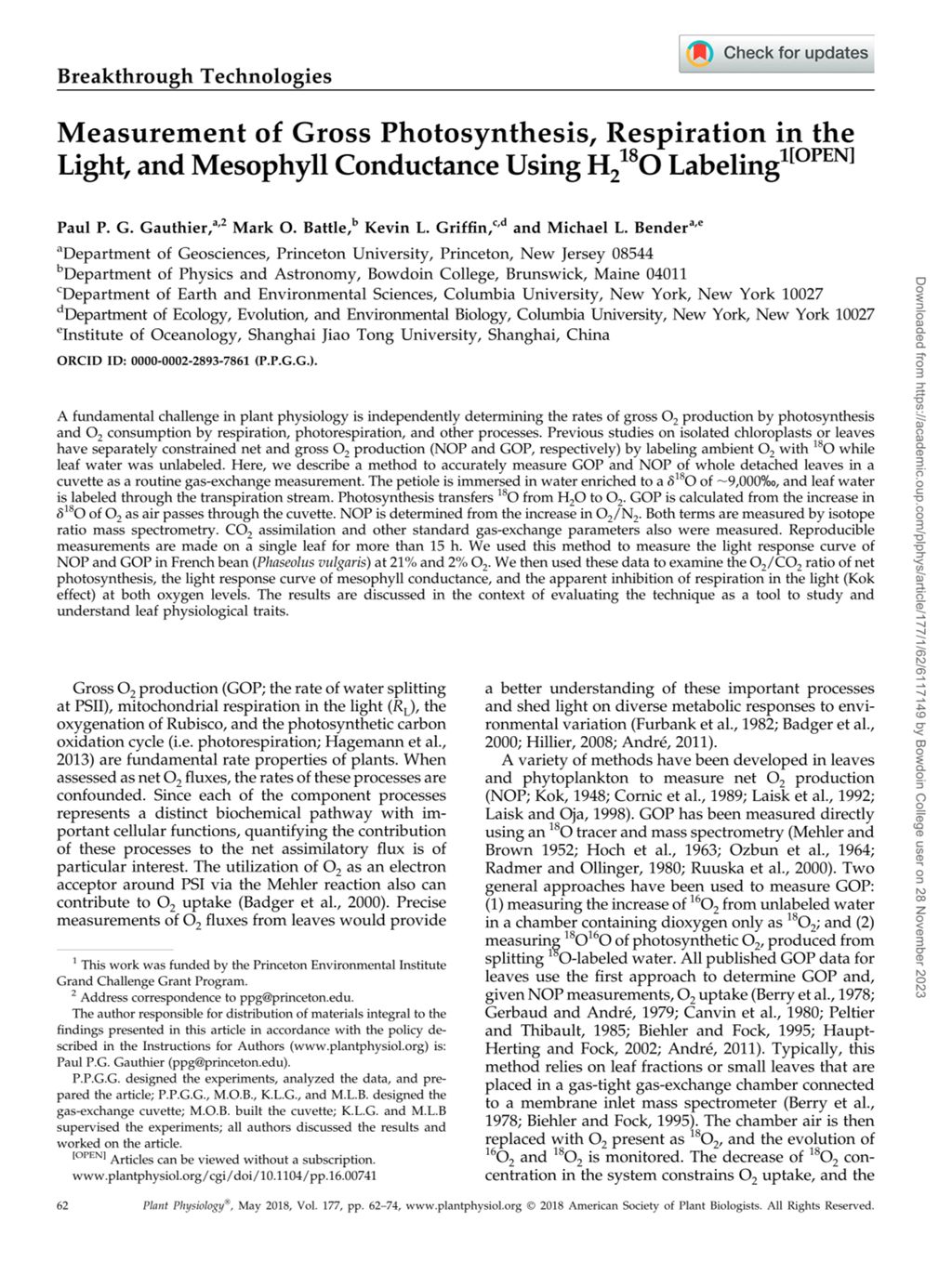 Miniature of Measurement of gross photosynthesis, respiration in the light, and mesophyll conductance usingh2 <sup>18</sup>o labeling