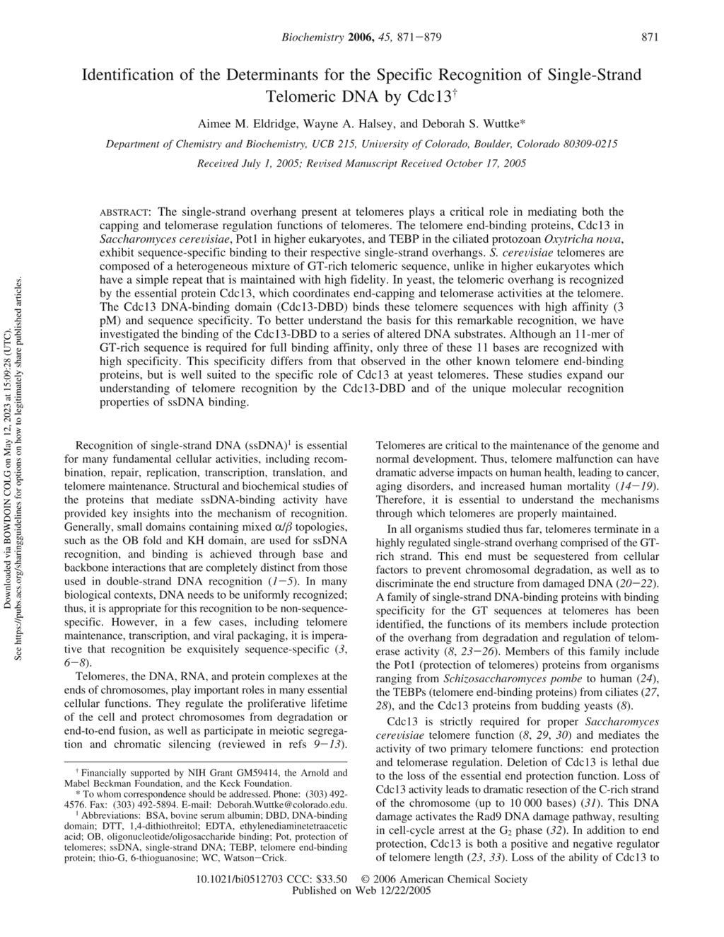 Miniature of Identification of the determinants for the specific recognition of single-strand telomeric DNA by Cdc13