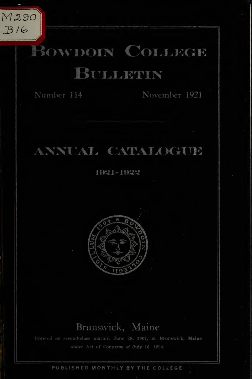 Miniature of Bowdoin College Catalogue (1921-1922)