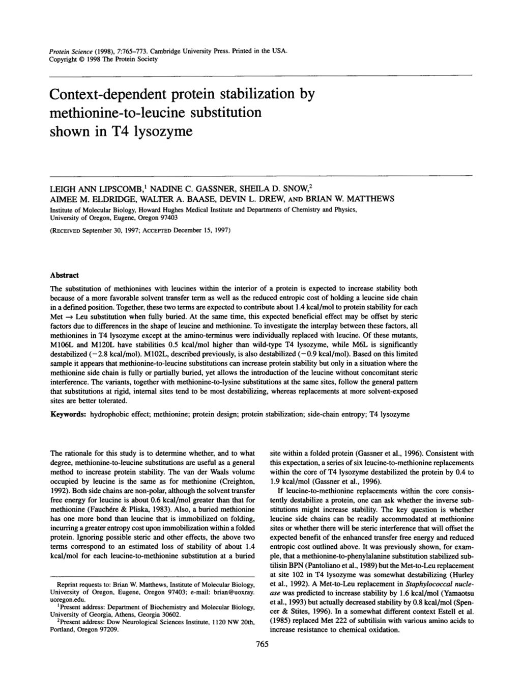 Miniature of Context-dependent protein stabilization by methionine-to-leucine substitution shown in T4 lysozyme