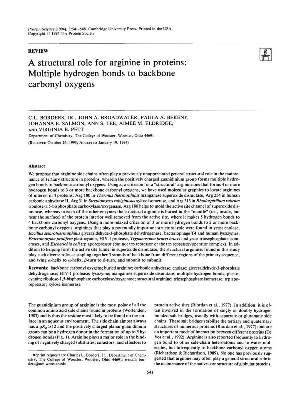 Miniature of A structural role for arginine in proteins: Multiple hydrogen bonds to backbone carbonyl oxygens