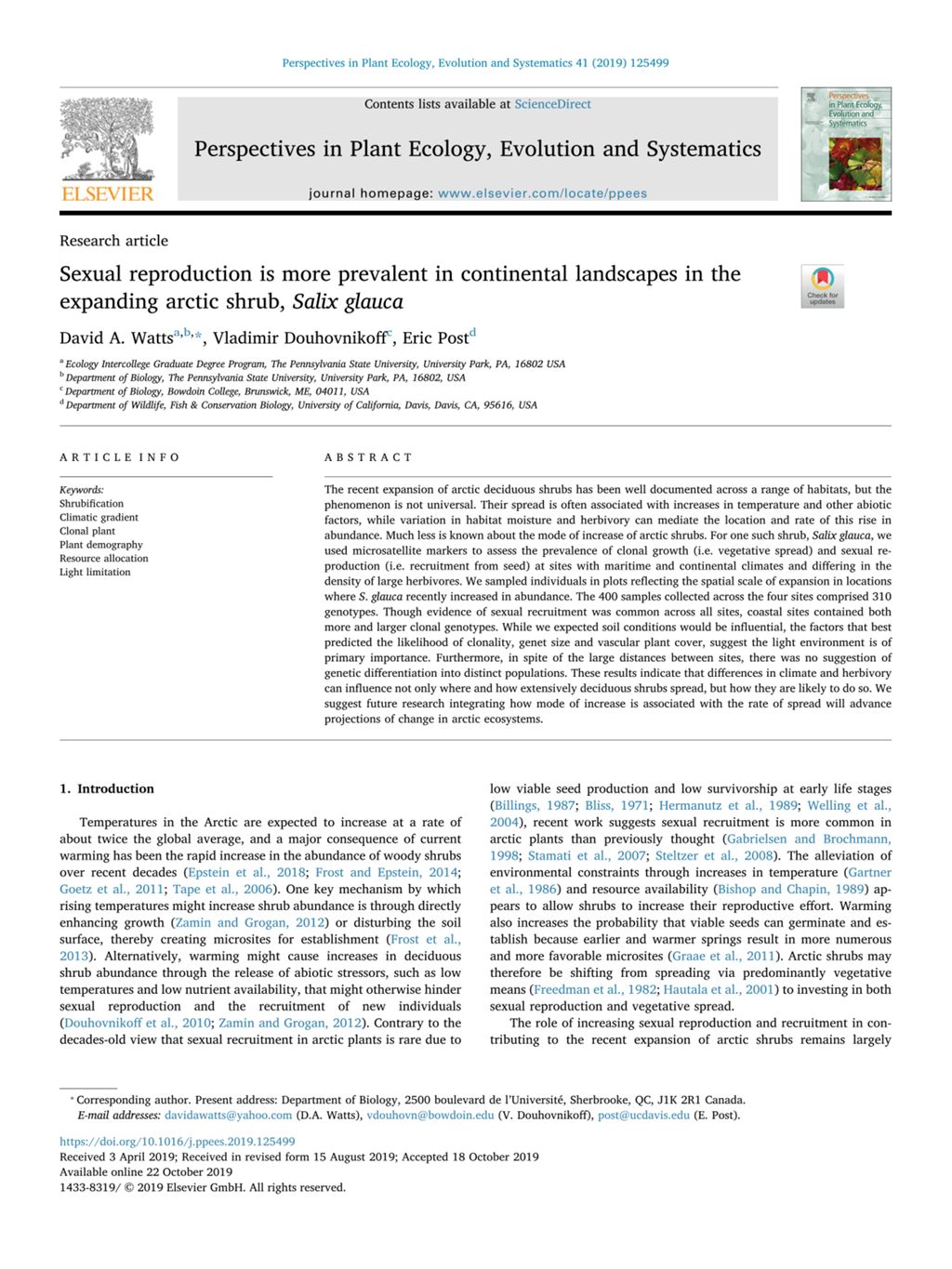 Miniature of Sexual reproduction is more prevalent in continental landscapes in the expanding arctic shrub, Salix glauca