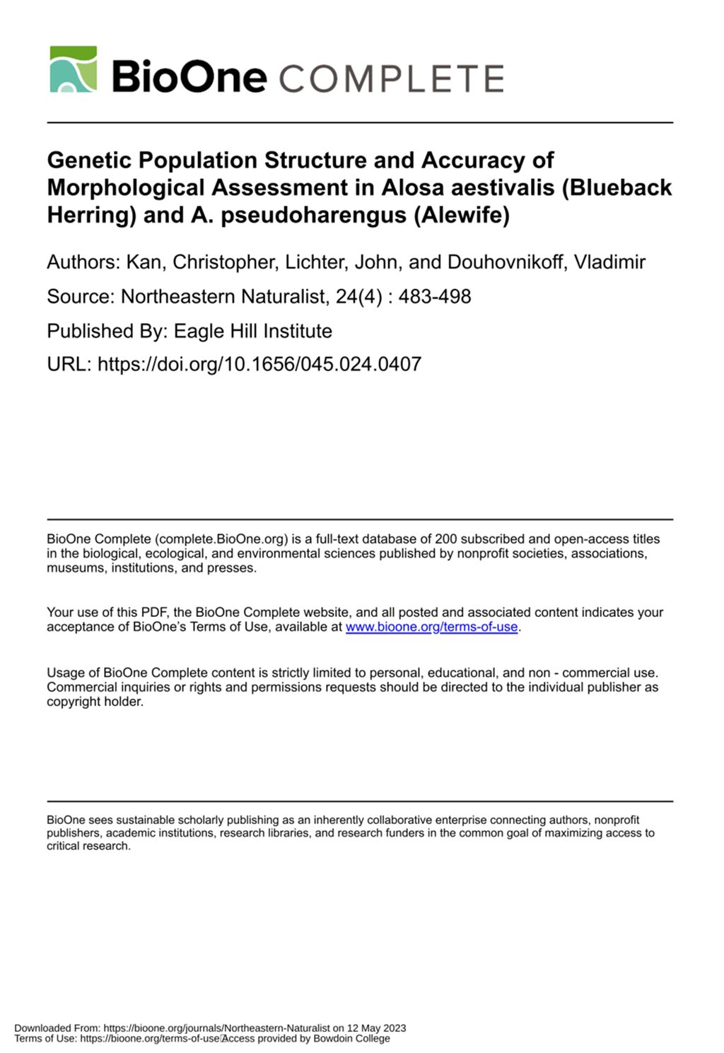 Miniature of Genetic Population Structure and Accuracy of Morphological Assessment in Alosa aestivalis (Blueback Herring) and A. pseudoharengus (Alewife)