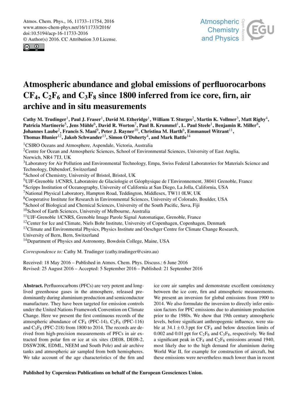 Miniature of Atmospheric abundance and global emissions of perfluorocarbons CF4, C2F6 and C3F8 since 1800 inferred from ice core, firn, air archive and in situ measurements