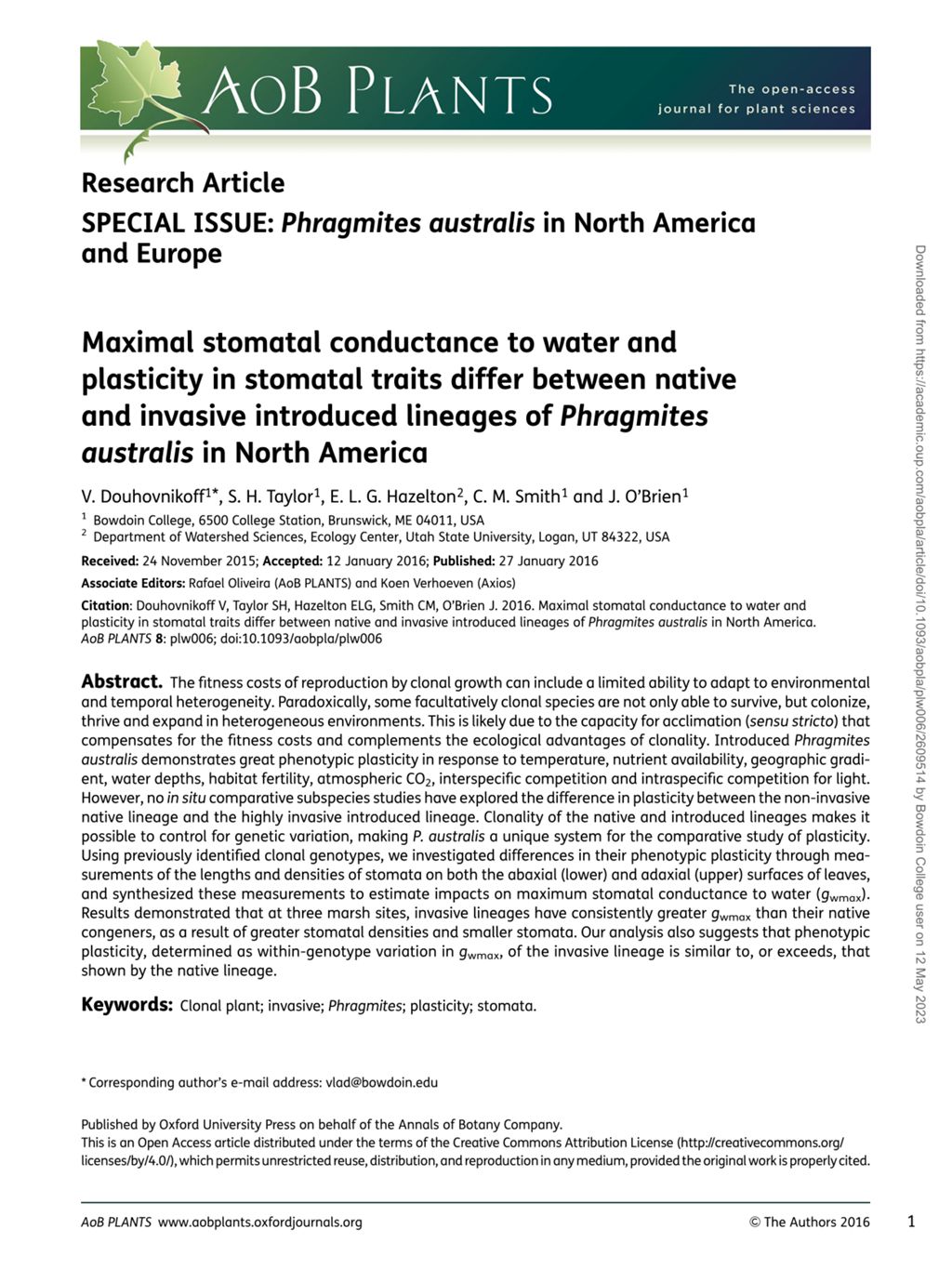 Miniature of Maximal stomatal conductance to water and plasticity in stomatal traits differ between native and invasive introduced lineages of Phragmites australis in North America