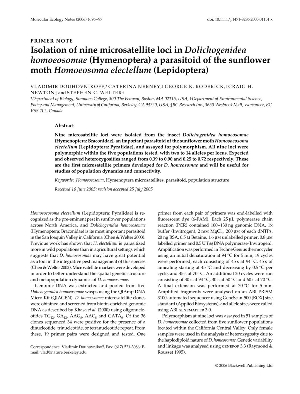 Miniature of Isolation of nine microsatellite loci in Dolichogenidea homoeosomae (Hymenoptera) a parasitoid of the sunflower moth Homoeosoma electellum (Lepidoptera)