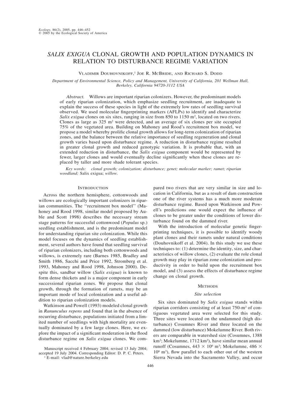 Miniature of Salix exigua clonal growth and population dynamics in relation to disturbance regime variation