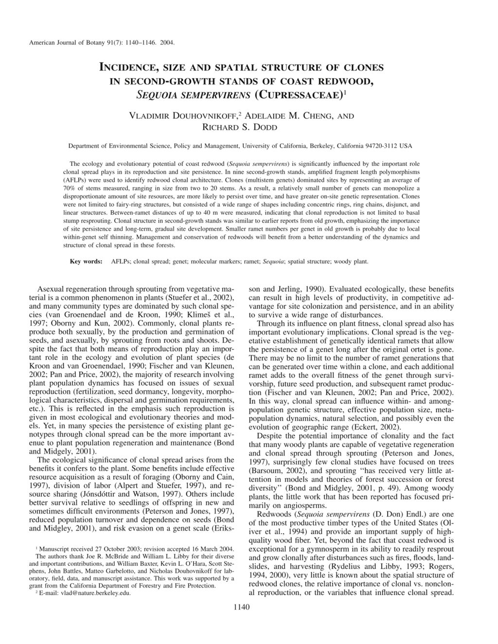 Miniature of Incidence, size and spatial structure of clones in second-growth stands of coast redwood, Sequoia sempervirens (Cupressaceae)