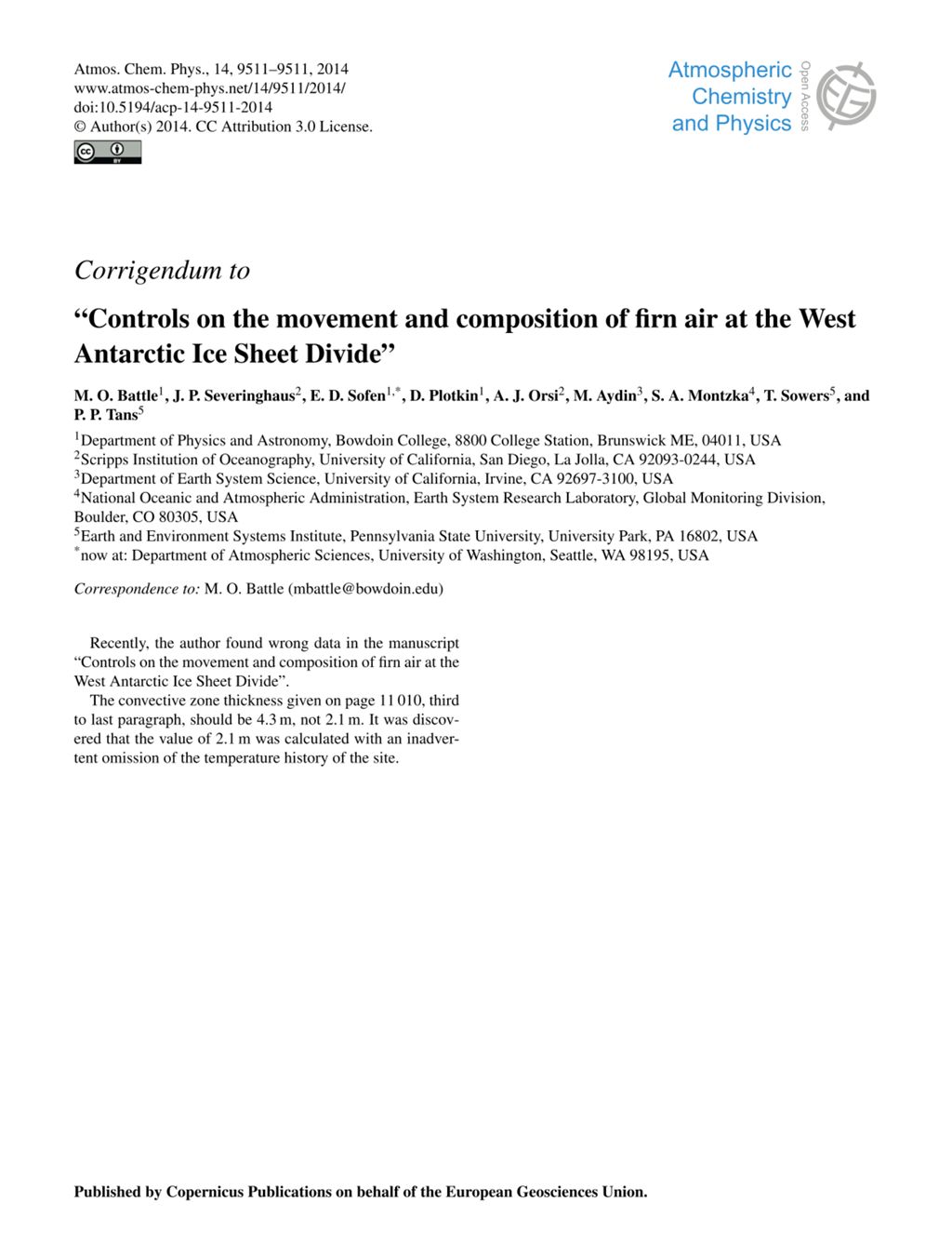 Miniature of Corrigendum to "controls on the movement and composition of firn air at the West Antarctic ice sheet divide"