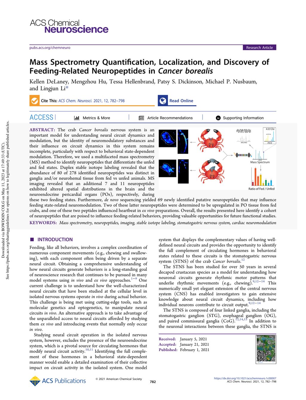 Miniature of Mass Spectrometry Quantification, Localization, and Discovery of Feeding-Related Neuropeptides in Cancer borealis