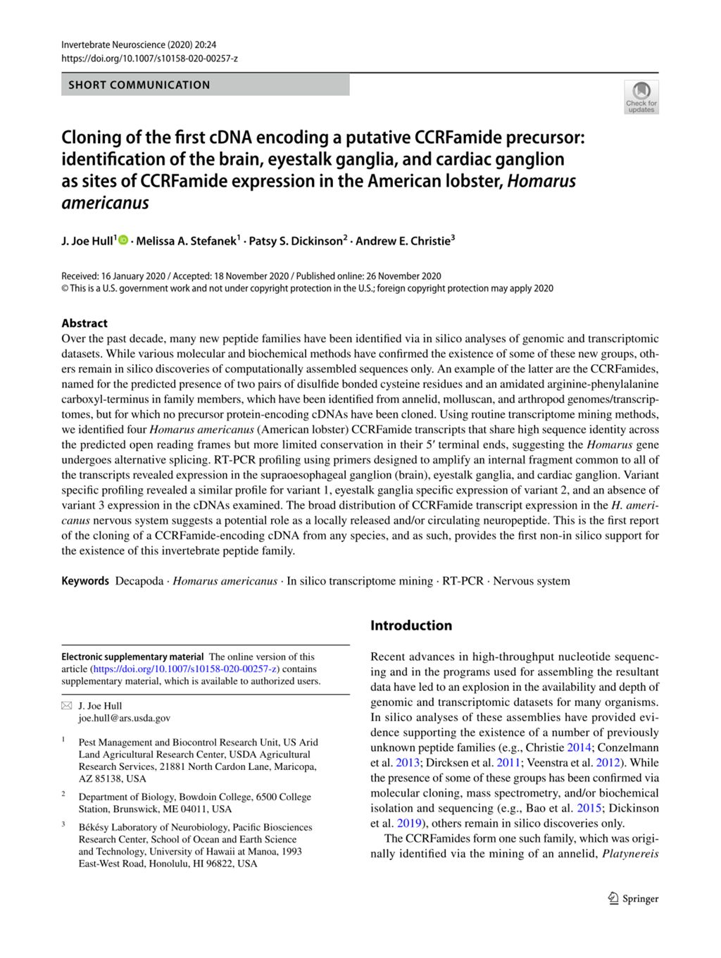 Miniature of Cloning of the first cDNA encoding a putative CCRFamide precursor: identification of the brain, eyestalk ganglia, and cardiac ganglion as sites of CCRFamide expression in the American lobster, Homarus americanus