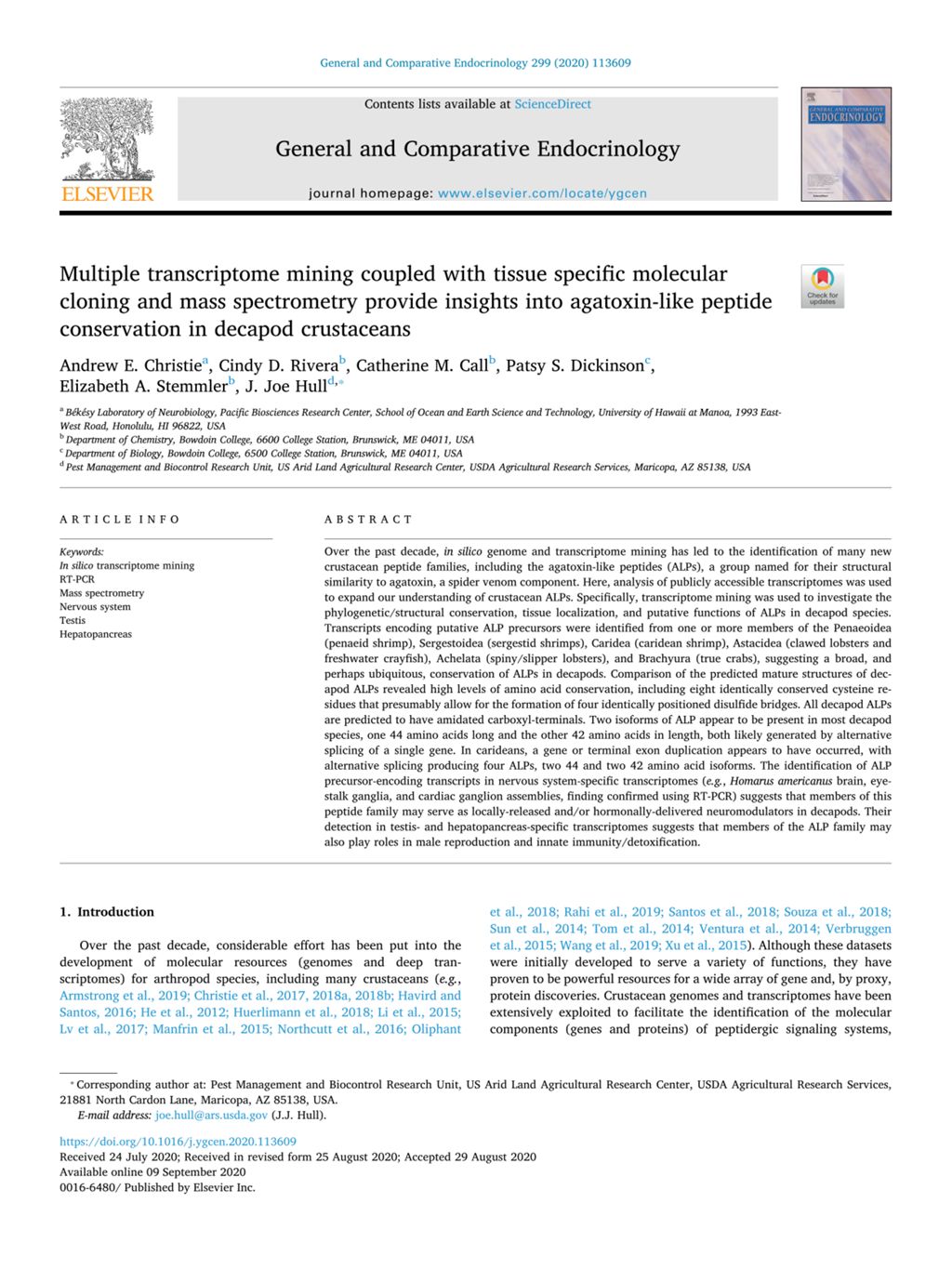 Miniature of Multiple transcriptome mining coupled with tissue specific molecular cloning and mass spectrometry provide insights into agatoxin-like peptide conservation in decapod crustaceans