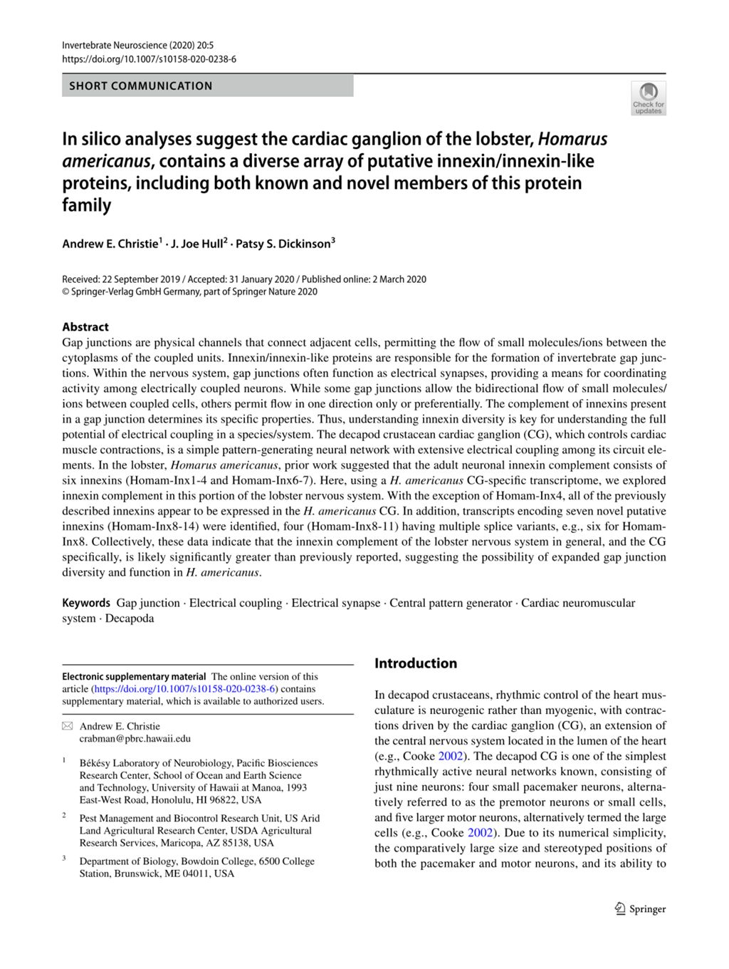 Miniature of In silico analyses suggest the cardiac ganglion of the lobster, Homarus americanus, contains a diverse array of putative innexin/innexin-like proteins, including both known and novel members of this protein family