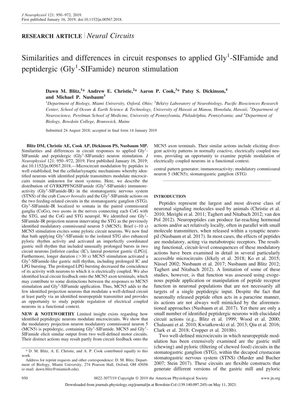 Miniature of Similarities and differences in circuit responses to applied Gly <sup>1</sup> -SIFamide and peptidergic (Gly <sup>1</sup> -SIFamide) neuron stimulation