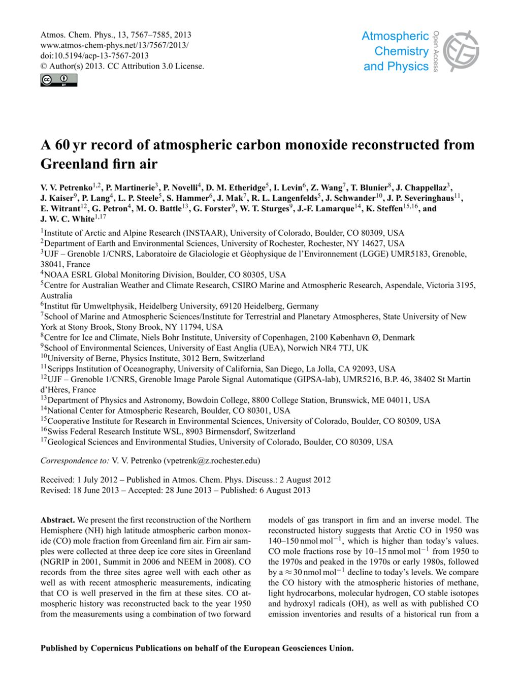 Miniature of A 60 yr record of atmospheric carbon monoxide reconstructed from Greenland firn air