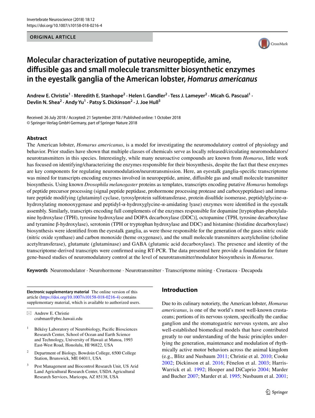 Miniature of Molecular characterization of putative neuropeptide, amine, diffusible gas and small molecule transmitter biosynthetic enzymes in the eyestalk ganglia of the American lobster, Homarus americanus