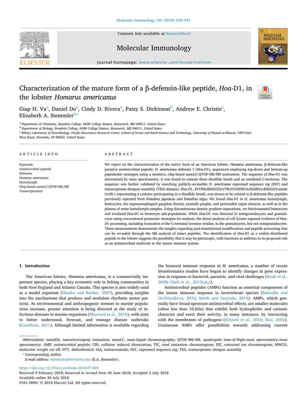 Miniature of Characterization of the mature form of a β-defensin-like peptide, Hoa-D1, in the lobster Homarus americanus