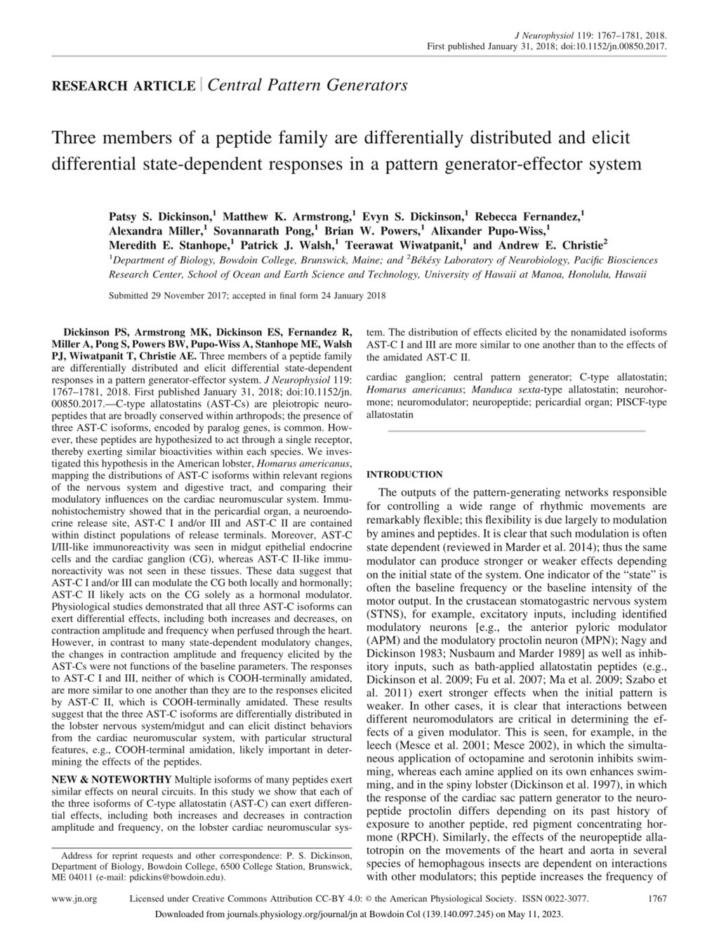 Miniature of Three members of a peptide family are differentially distributed and elicit differential state-dependent responses in a pattern generator-effector system