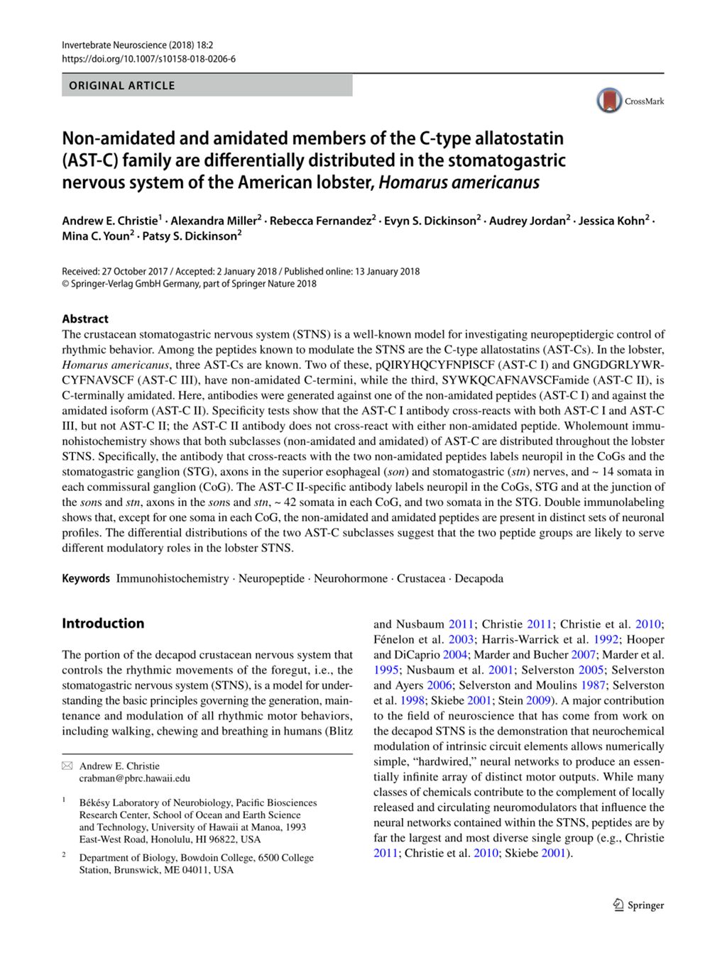 Miniature of Non-amidated and amidated members of the C-type allatostatin (AST-C) family are differentially distributed in the stomatogastric nervous system of the American lobster, Homarus americanus