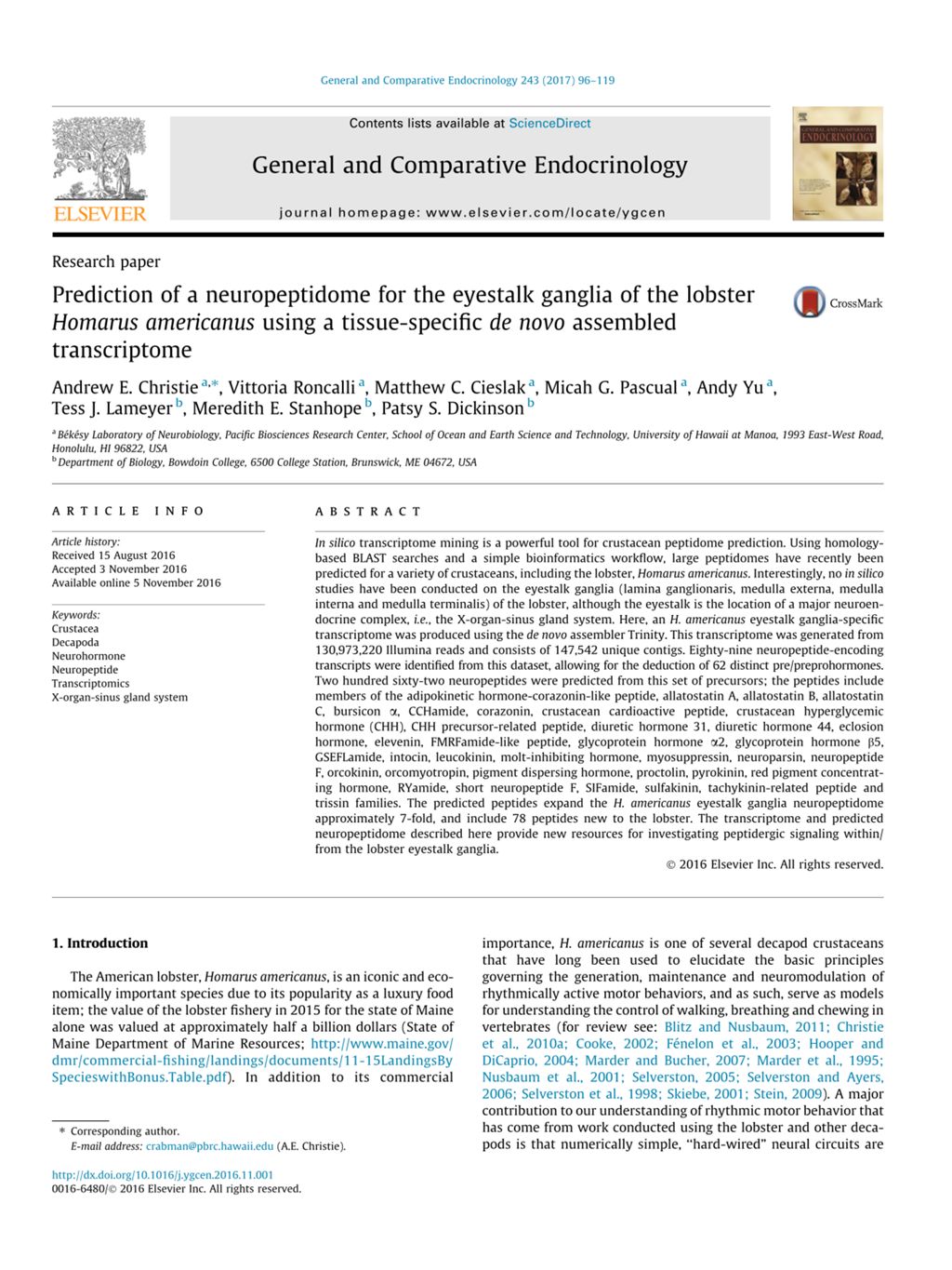 Miniature of Prediction of a neuropeptidome for the eyestalk ganglia of the lobster Homarus americanus using a tissue-specific de novo assembled transcriptome